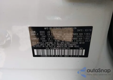 2019 Subaru Ascent Limited from USA, damaged, VIN 4S4WMAMD2K3460193